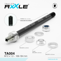 AxXle RADOXX components, Trailer , Velo Trailer Achse, einzeln , Trailer TA004, M12x1.0, Länge 169-184 mm, incl. spacer-set + lock nut + washer