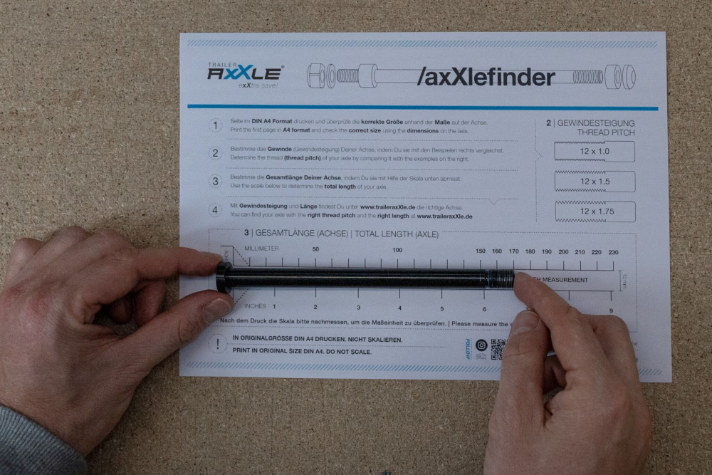 AxXle RADOXX components, Trailer , Velo Trailer Achse, einzeln , Trailer TA004, M12x1.0, Länge 169-184 mm, incl. spacer-set + lock nut + washer