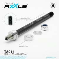 AxXle RADOXX components, Trailer , Velo Trailer Achse, einzeln , Trailer TA011, M12x1.75, Länge 192-198 mm, incl. spacer-set + lock nut + washer